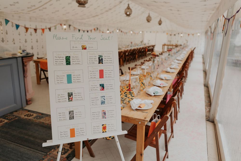 Wedding seating chart on easel beside long decorated reception tables in a marquee with colorful bunting.