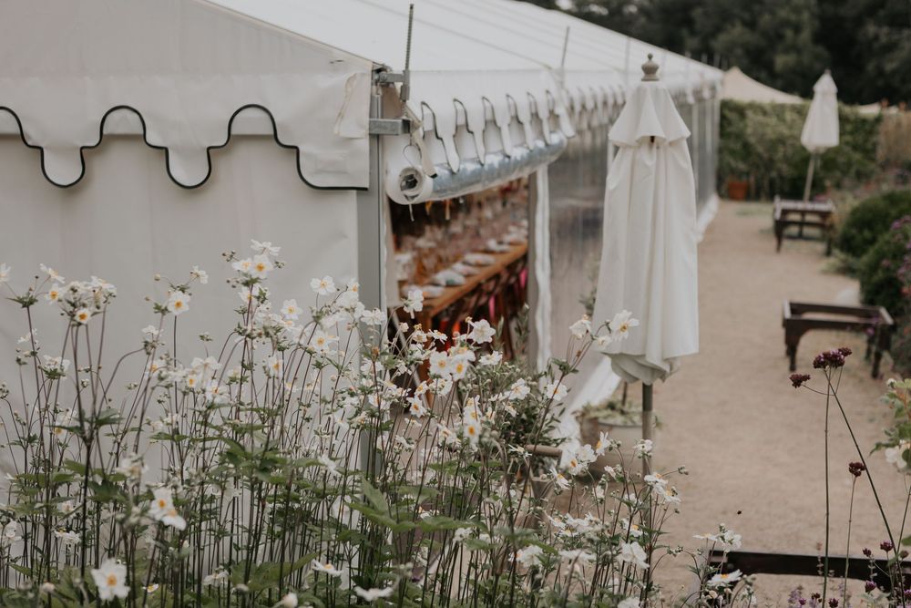 White wedding marquee exterior with scalloped trim surrounded by white wildflowers and drinks display.
