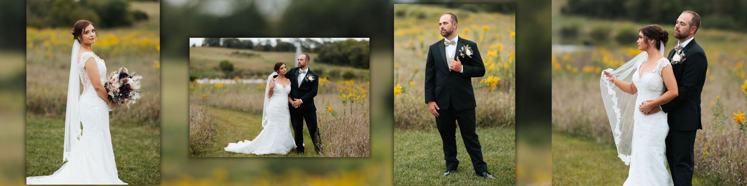 A romantic wedding photo collage showing multiple outdoor shots of a couple in formal attire celebrating their special day.