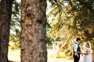A couple shares an intimate moment among tall evergreen trees in an outdoor wedding setting.