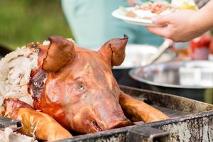 A whole roasted pig with crispy brown skin being served at an outdoor buffet.