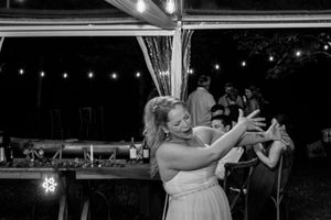 Black and white wedding photo montage showing couples dancing and celebrating at an evening reception.