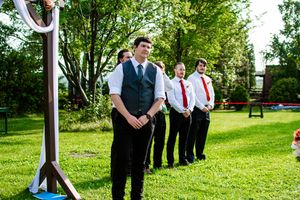Wedding party members arranged on green lawn near trees.