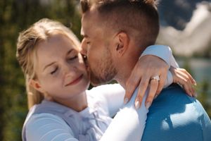 Romantic couple shares tender moments of affection across multiple intimate outdoor portraits.