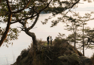 Couple standing on rocky cliffside overlooking serene ocean water, framed by twisted pine trees in a scenic coastal landscape.