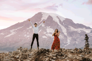 A series of mountain adventure photos showing people posing and hiking against a majestic snow-capped peak backdrop.