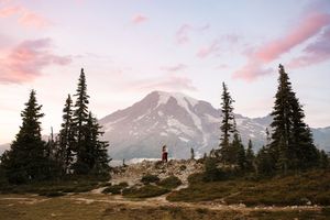 Scenic mountain landscape at sunset with silhouetted evergreen trees and pink clouds against a snow-capped peak.