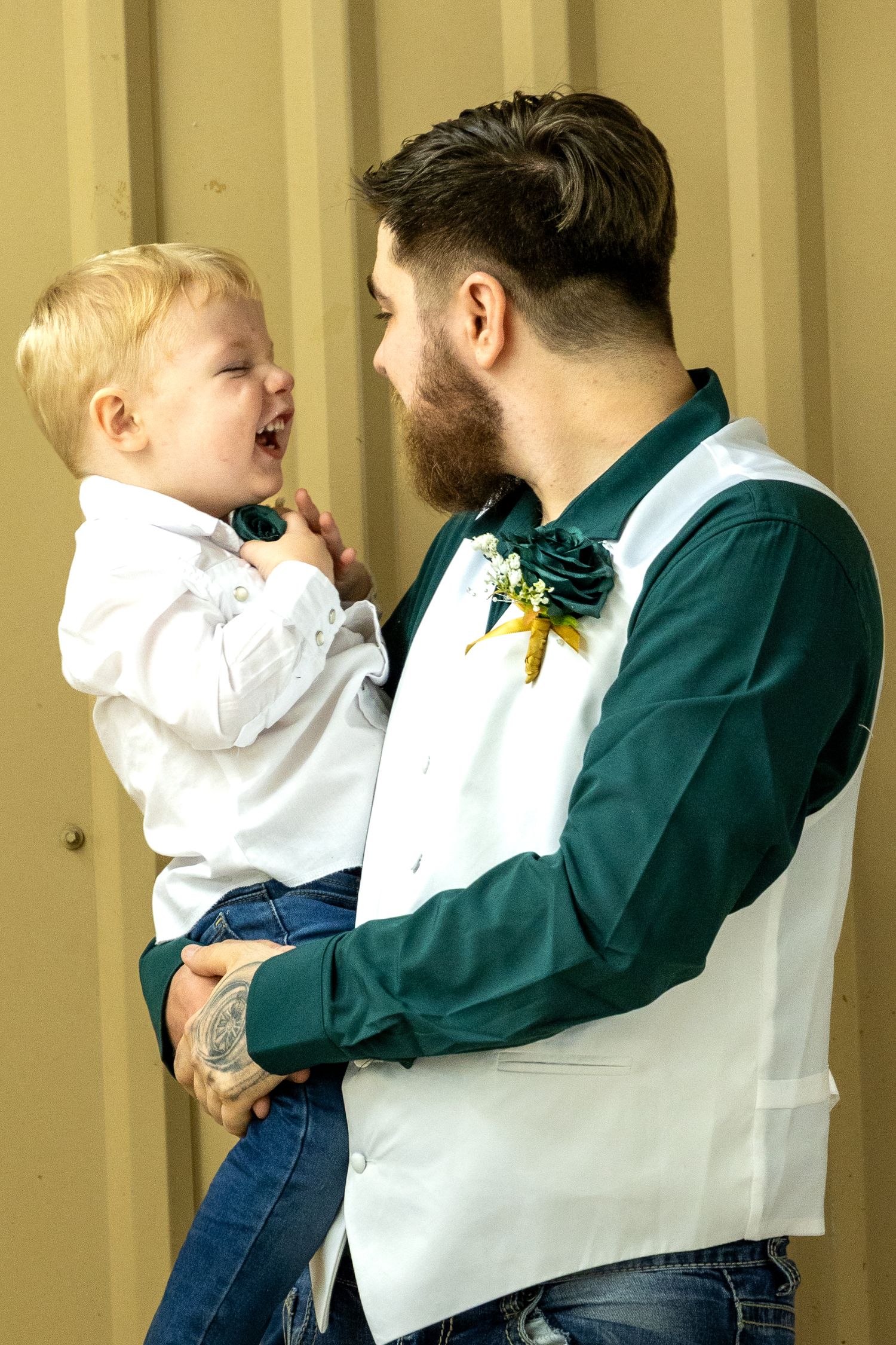 Series of candid moments between parent and toddler in formal wear against a beige backdrop.