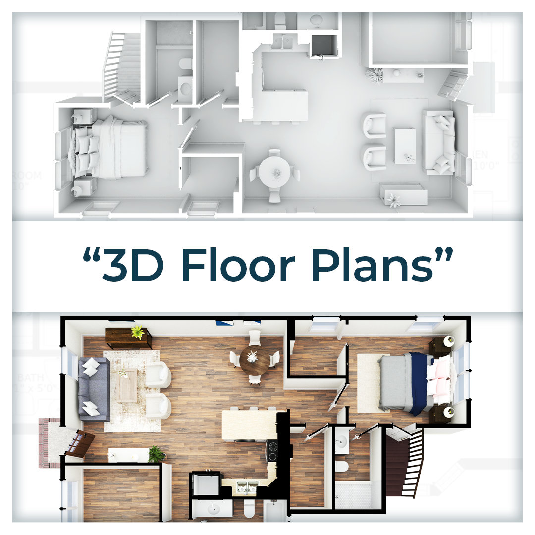 3D architectural floor plans showing multiple room layouts with wooden floors and white walls in a modern design style.