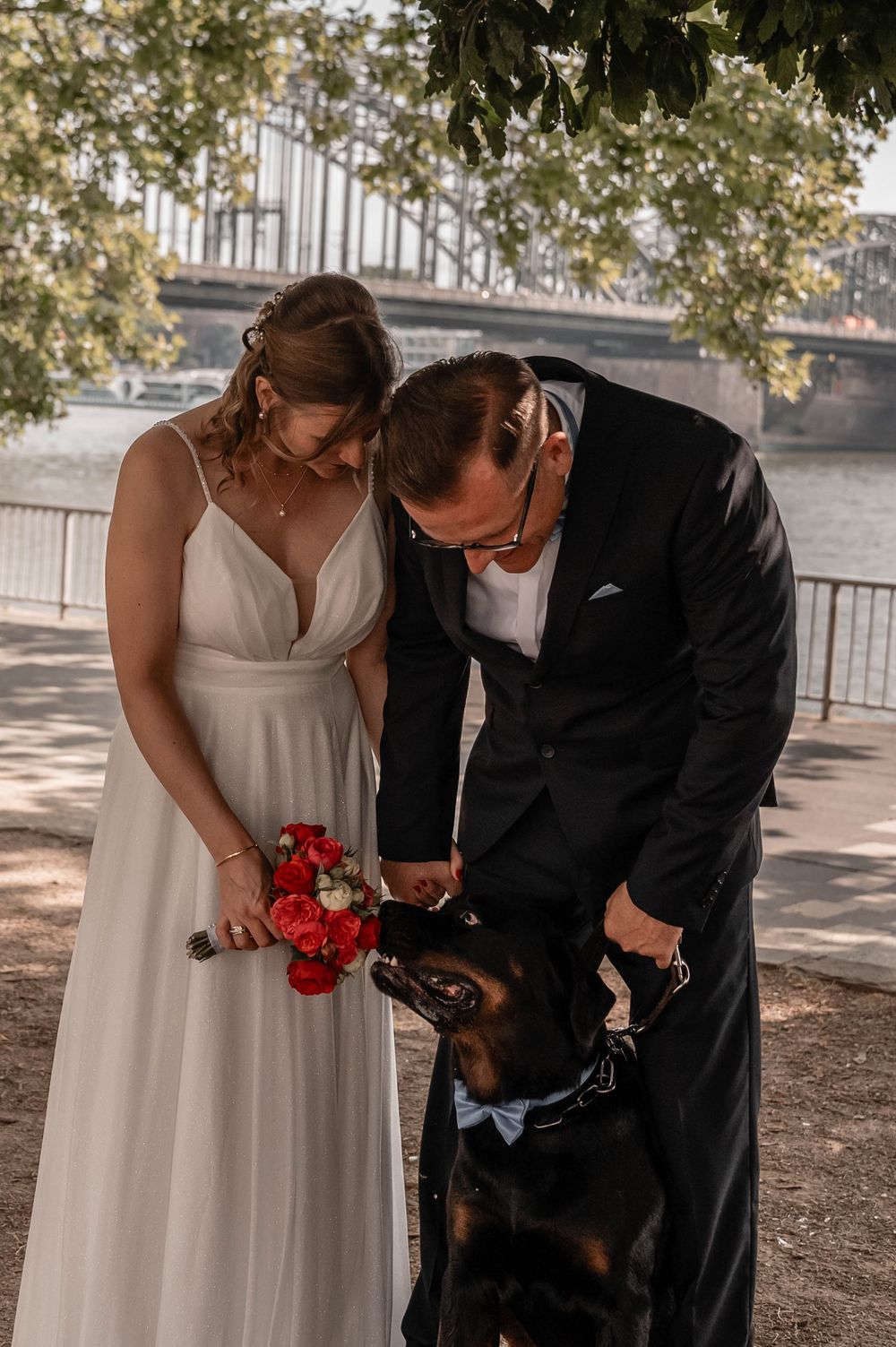 A couple in wedding attire bends down to pet their black dog in a sunny outdoor setting.