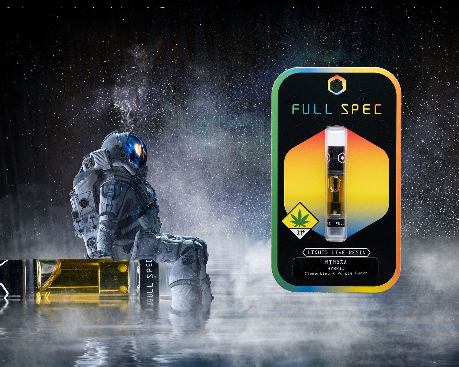 A spacesuit-clad figure sits beside a colorful vaping device advertisement in a misty, cosmic environment.