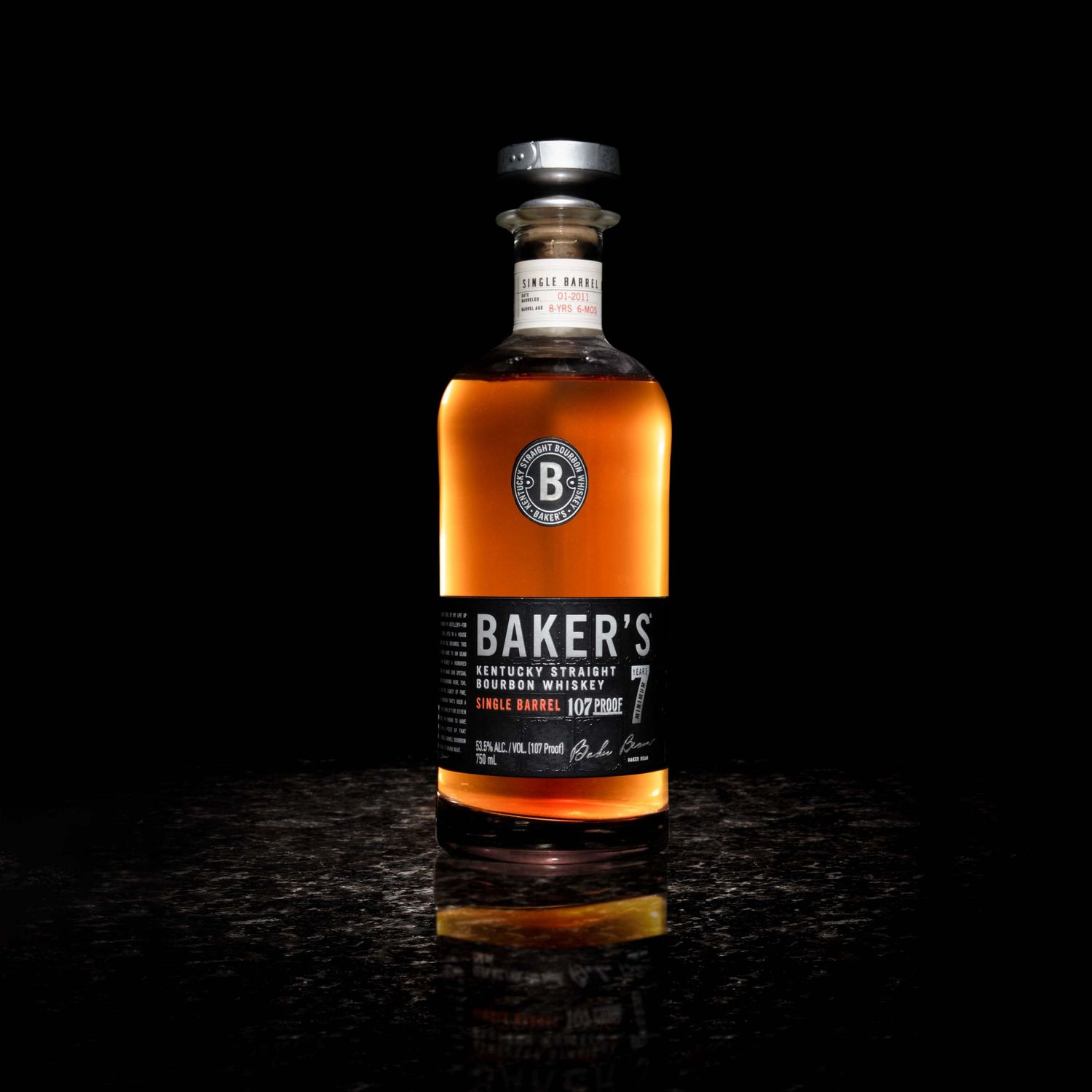 Elegant bourbon whiskey bottles showcasing various Baker's Bourbon expressions on dramatic black backgrounds with reflections.