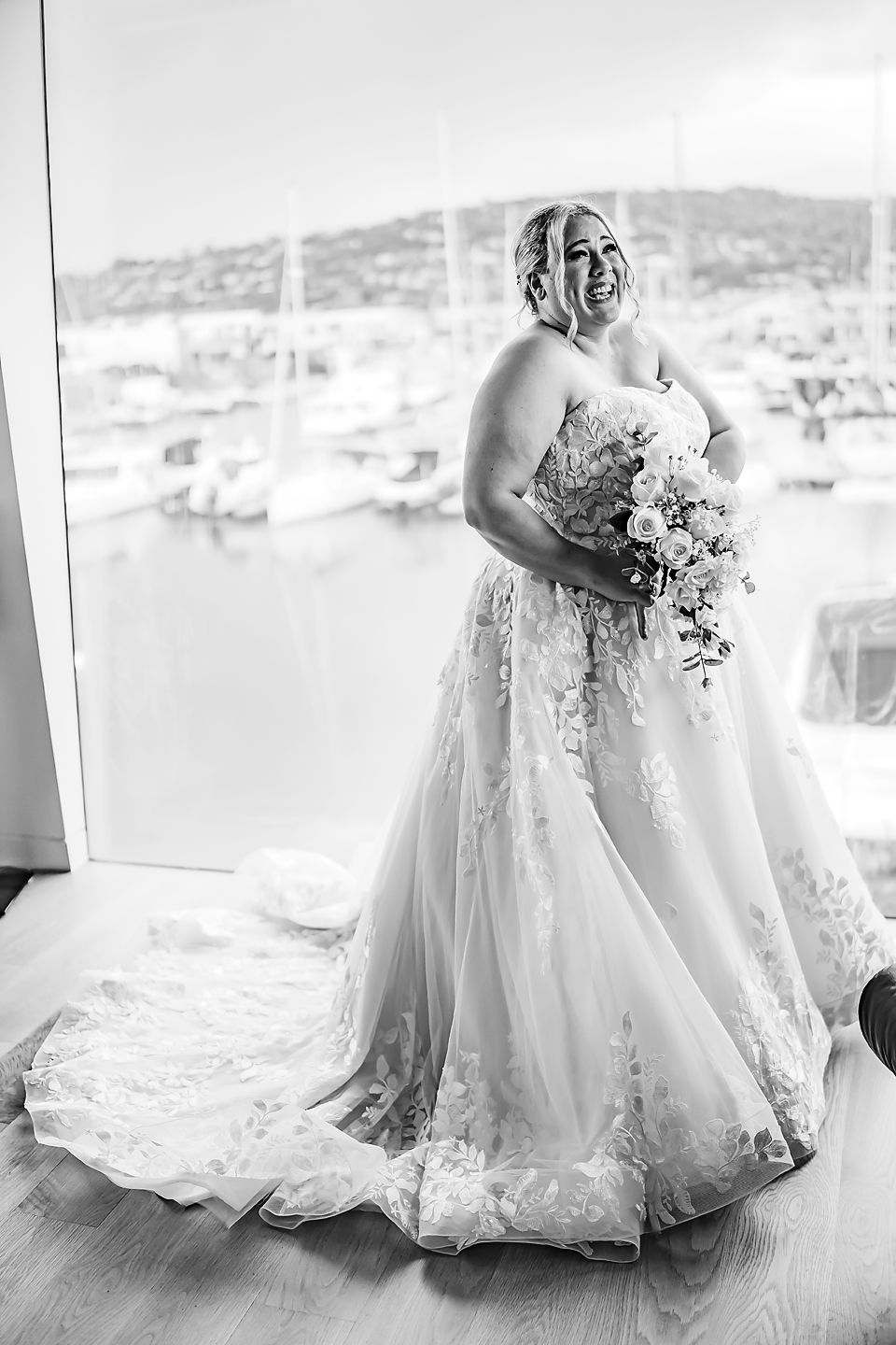 A series of four connected wedding photographs showing a white lace bridal gown photographed in natural light by the ocean.