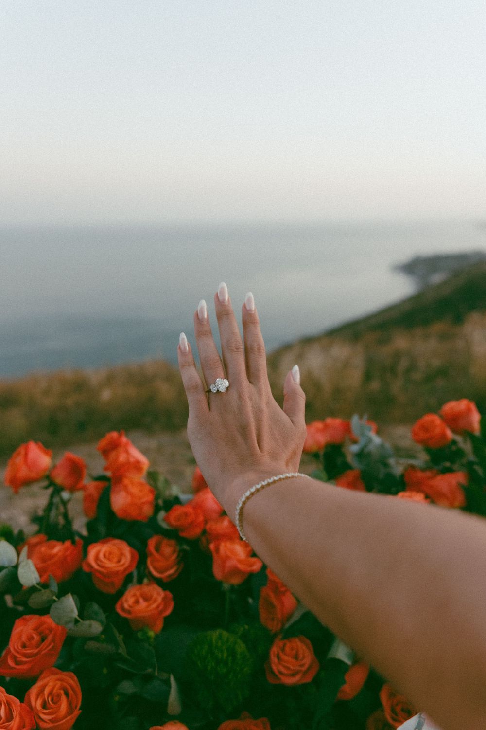 Hand with engagement ring extended over orange roses against a coastal ocean view on a misty day.