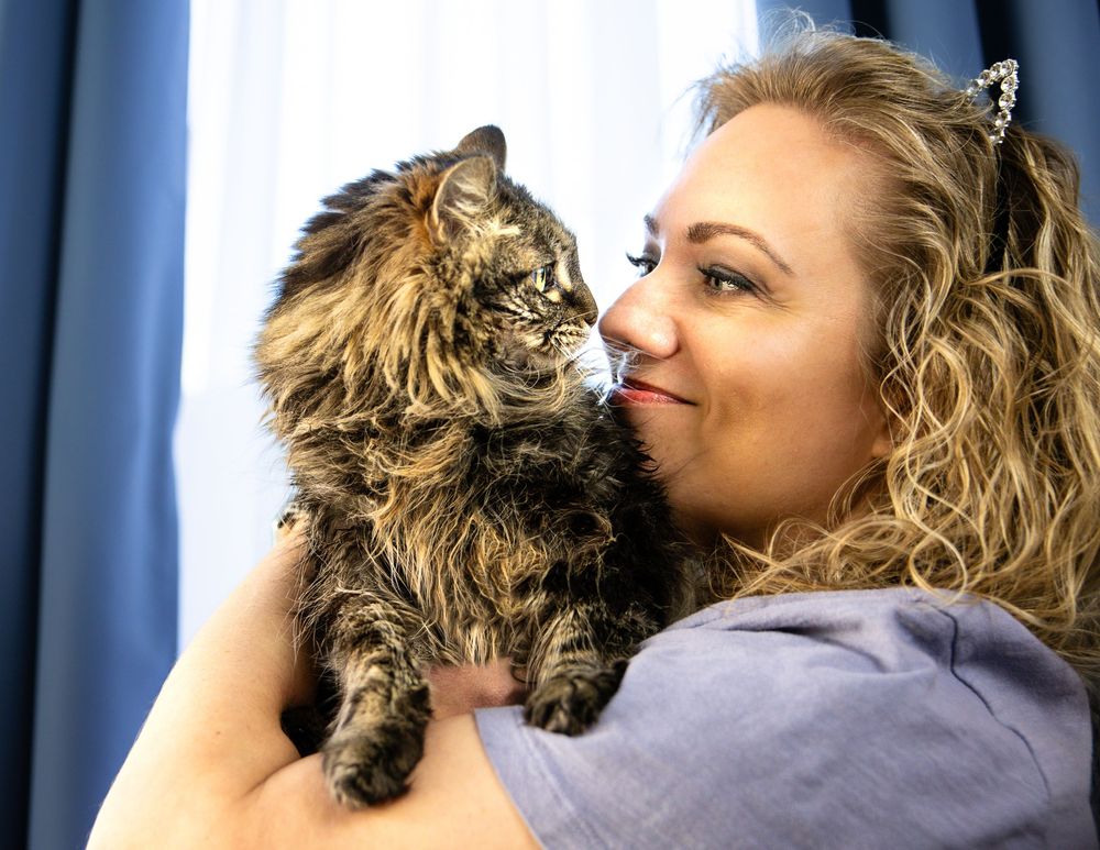 Woman with curly blonde hair holds and nuzzles a tabby cat indoors.