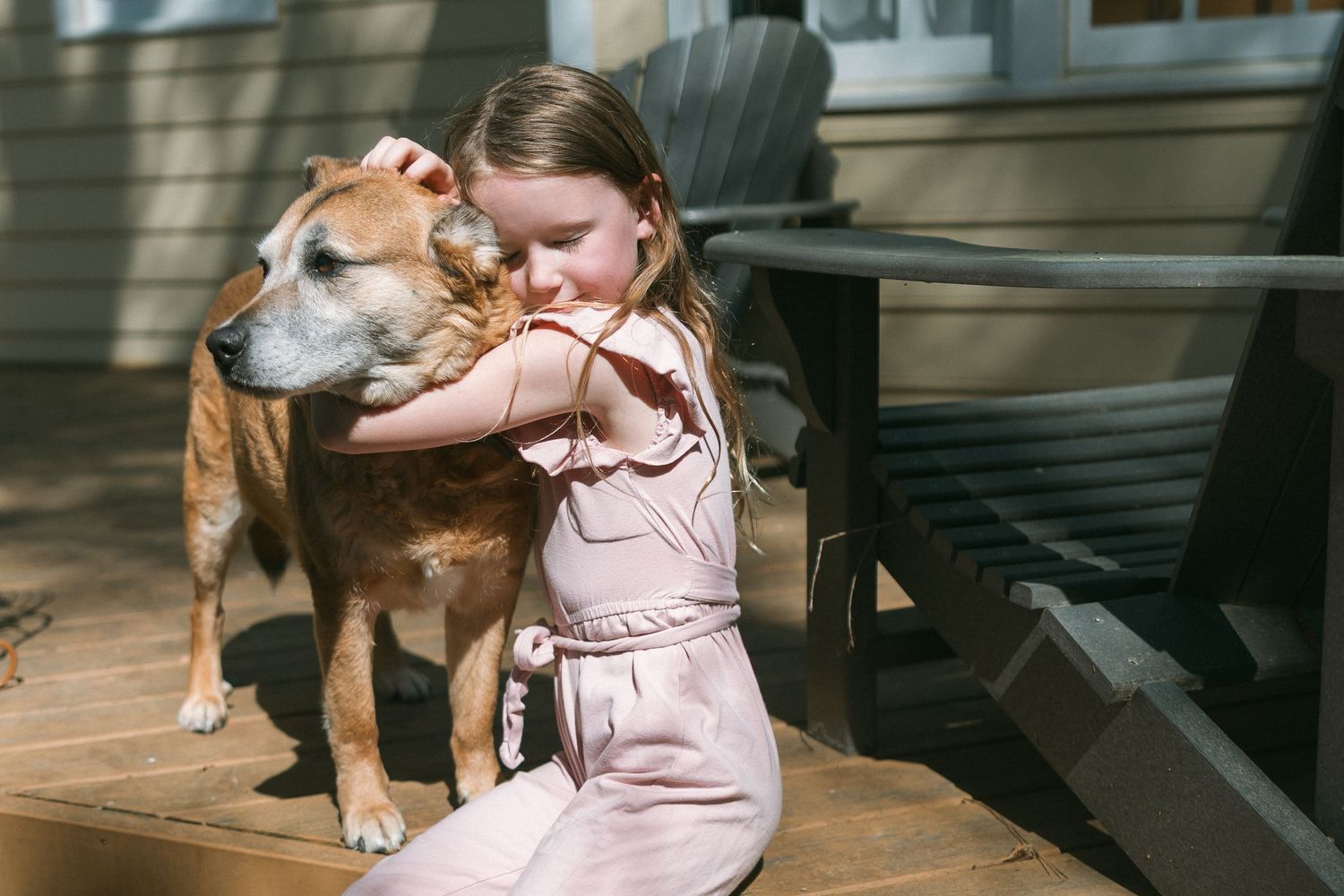 Young girl in pink jumpsuit hugging a senior brown dog on a sunny wooden deck.