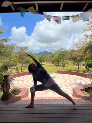 Person practicing yoga in a warrior pose on a brick patio with colorful prayer flags, lush greenery, and mountains in background.