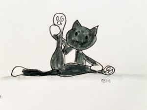 Charming ink drawing of a cartoon black cat stretching in a split pose, signed BM, on white background.