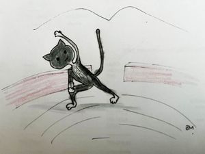 Pencil sketch of a playful gray cat stretching on a surface with a mountain background in a simple hand-drawn style.