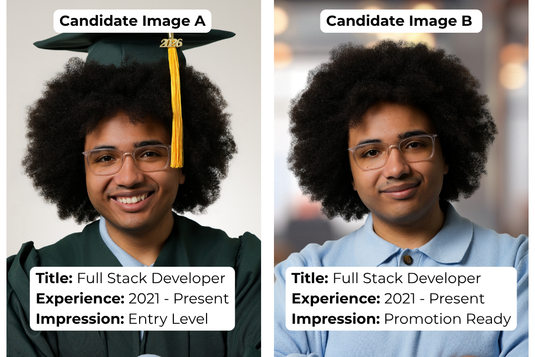 Two professional headshots comparing entry-level vs promotion-ready impressions for a Full Stack Developer with experience since 2021.