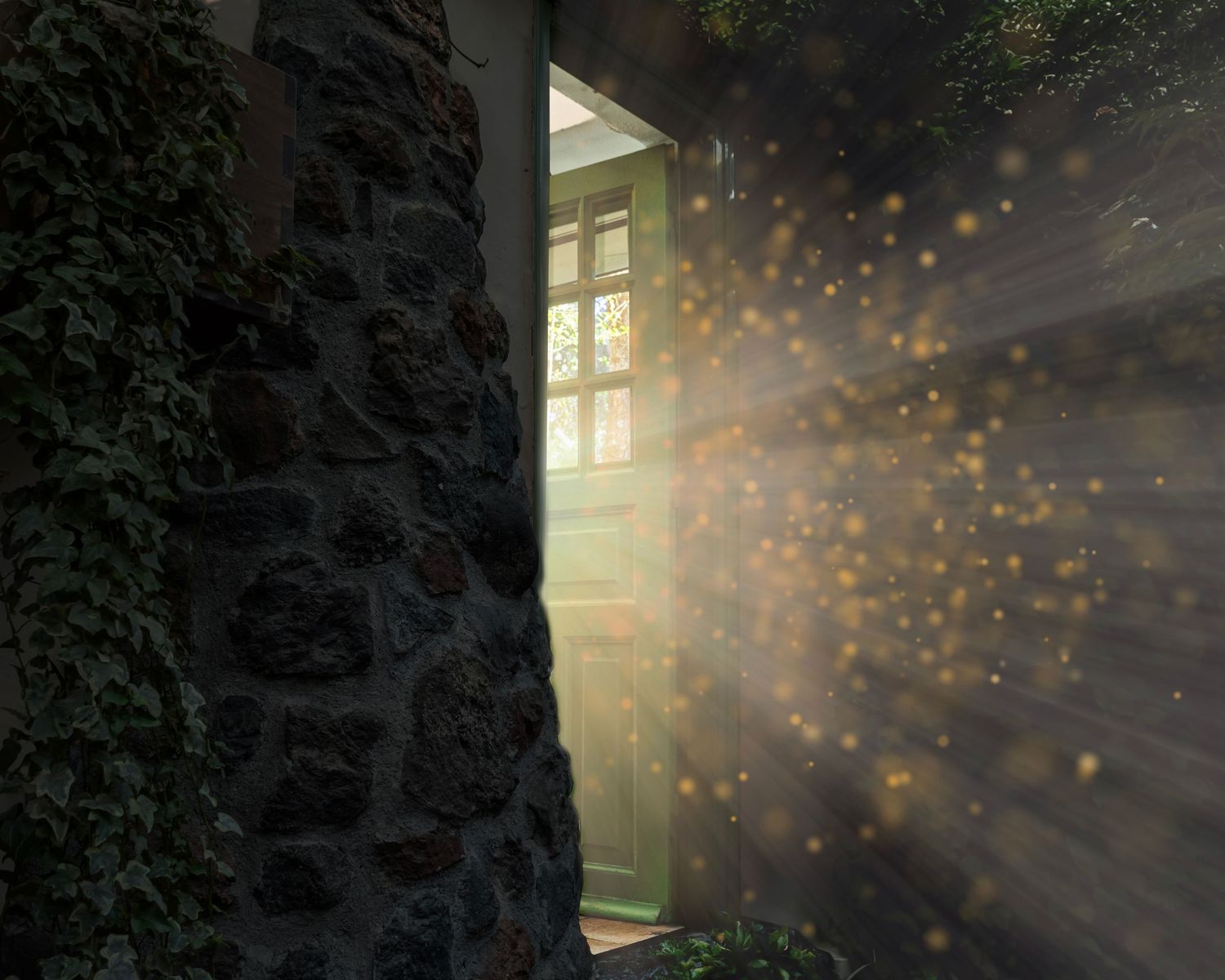 Golden light rays burst through an open door of a stone building covered in ivy, creating a magical sparkling effect.