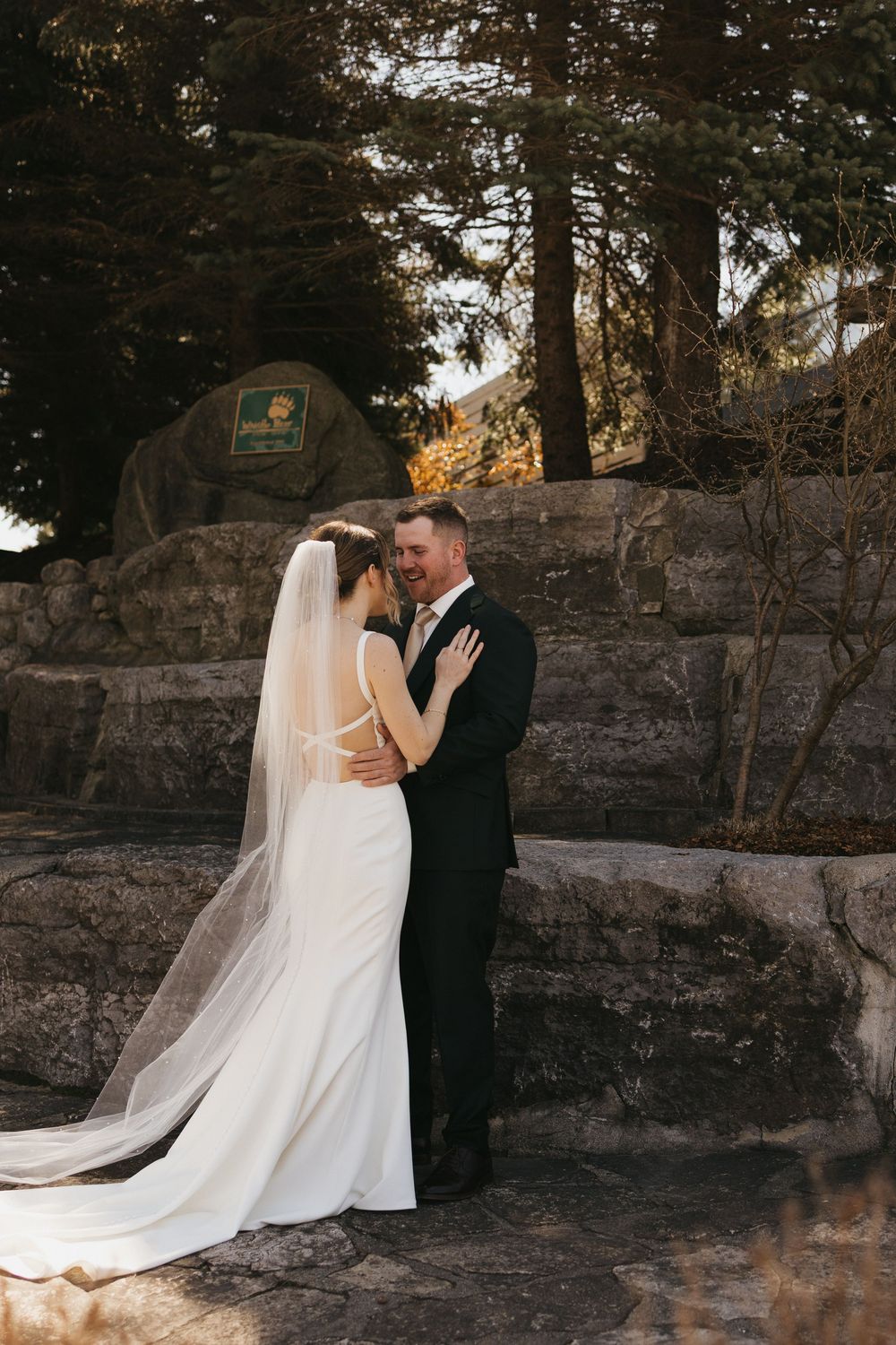Bride and groom share a romantic embrace in front of a stone wall surrounded by tall pine trees.
