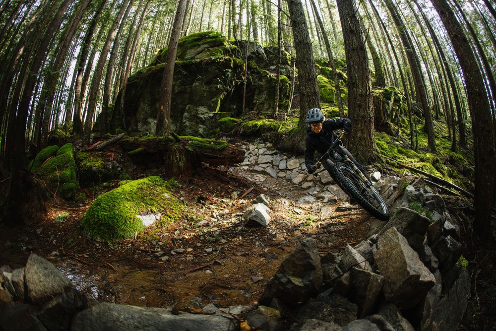 Mountain biker navigating rocky forest trail surrounded by moss-covered boulders and tall trees in a dramatic fisheye perspective.
