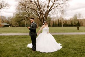 Bride in white ball gown and groom in dark suit hold hands outdoors on green lawn with bare trees under cloudy sky.