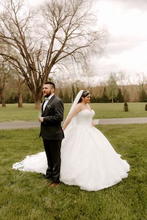 Bride and groom walk hand-in-hand on green lawn, bride wearing flowing white ball gown with long veil.