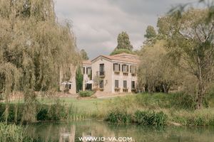 A charming two-story villa surrounded by lush willow trees beside a tranquil green pond in a serene countryside setting.