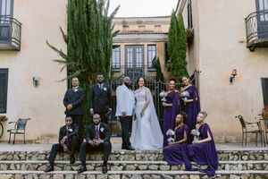 Wedding party poses on stone steps, bride and groom in white, groomsmen in black, bridesmaids in purple gowns.