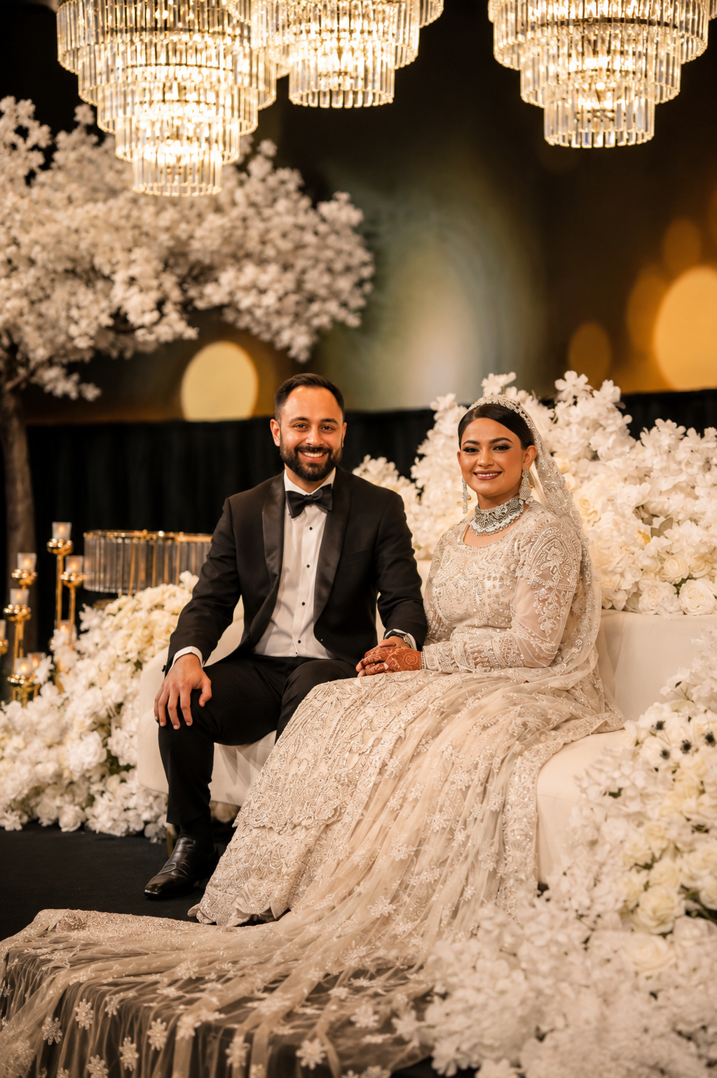 Elegant couple in white floral wedding attire seated beneath crystal chandeliers surrounded by white flower arrangements.