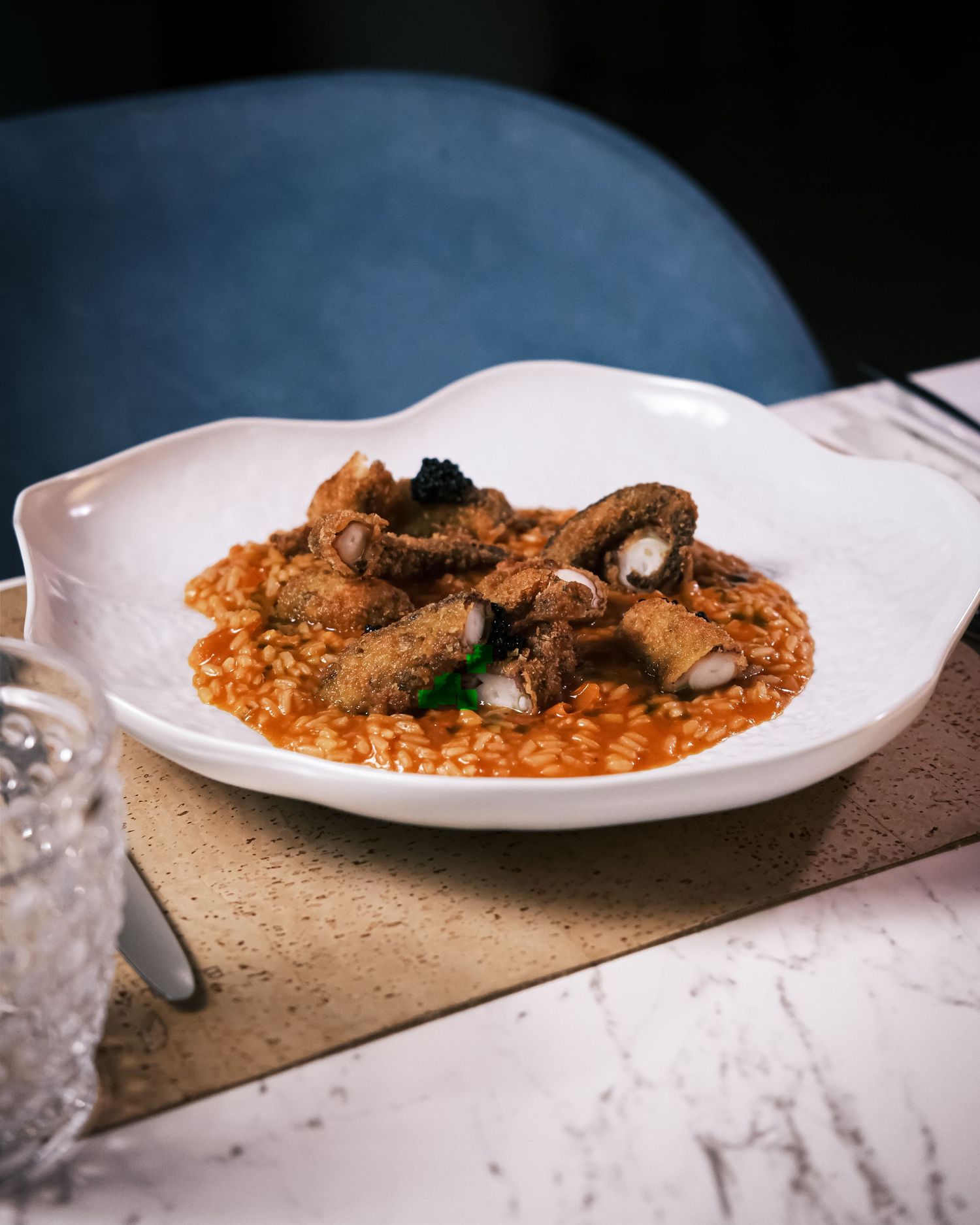 Elegant white plate with crispy fried calamari served over tomato risotto, garnished with caviar, at a fine dining restaurant.