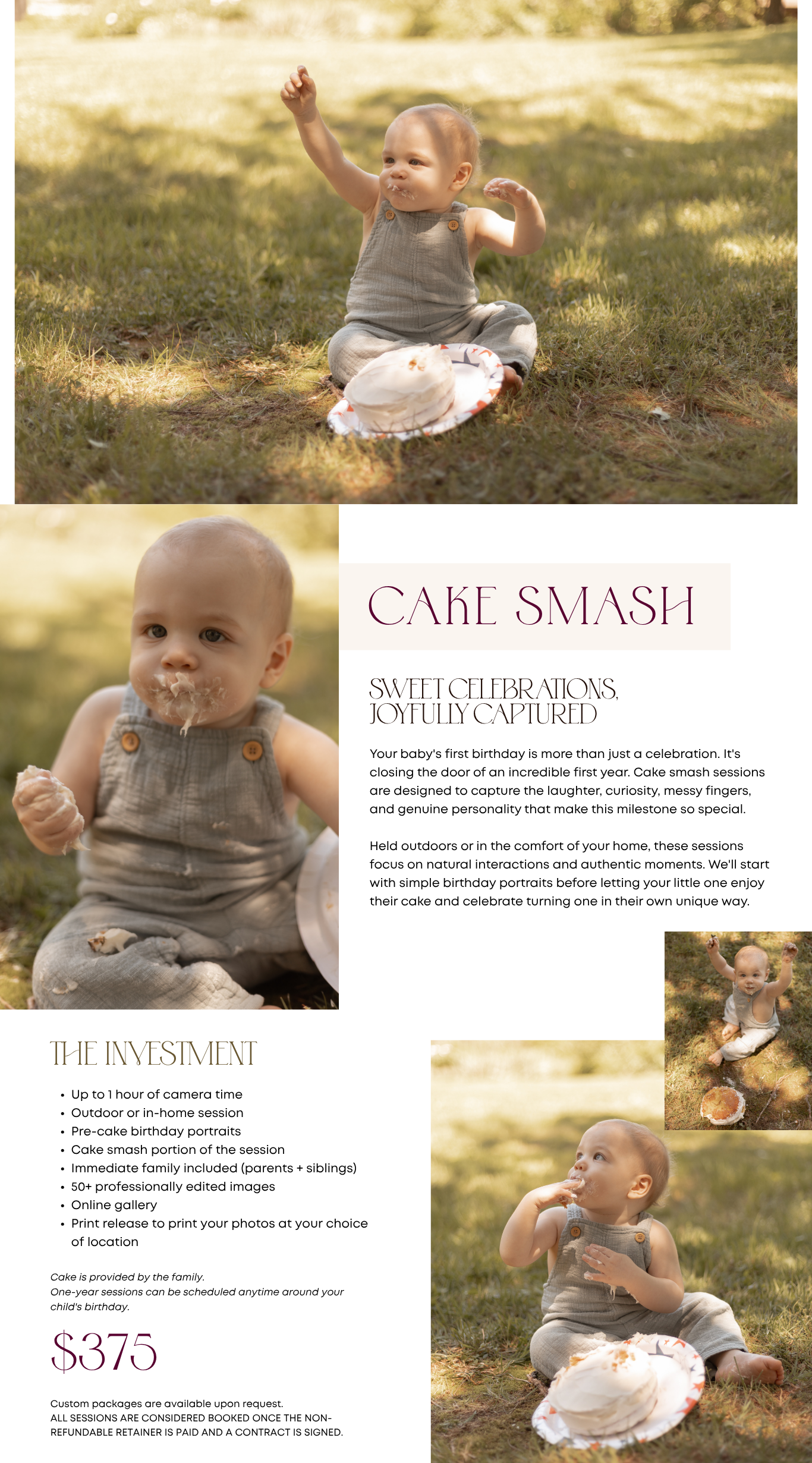 A smiling baby in overalls sits outdoors on grass during a joyful cake smash birthday photo session.