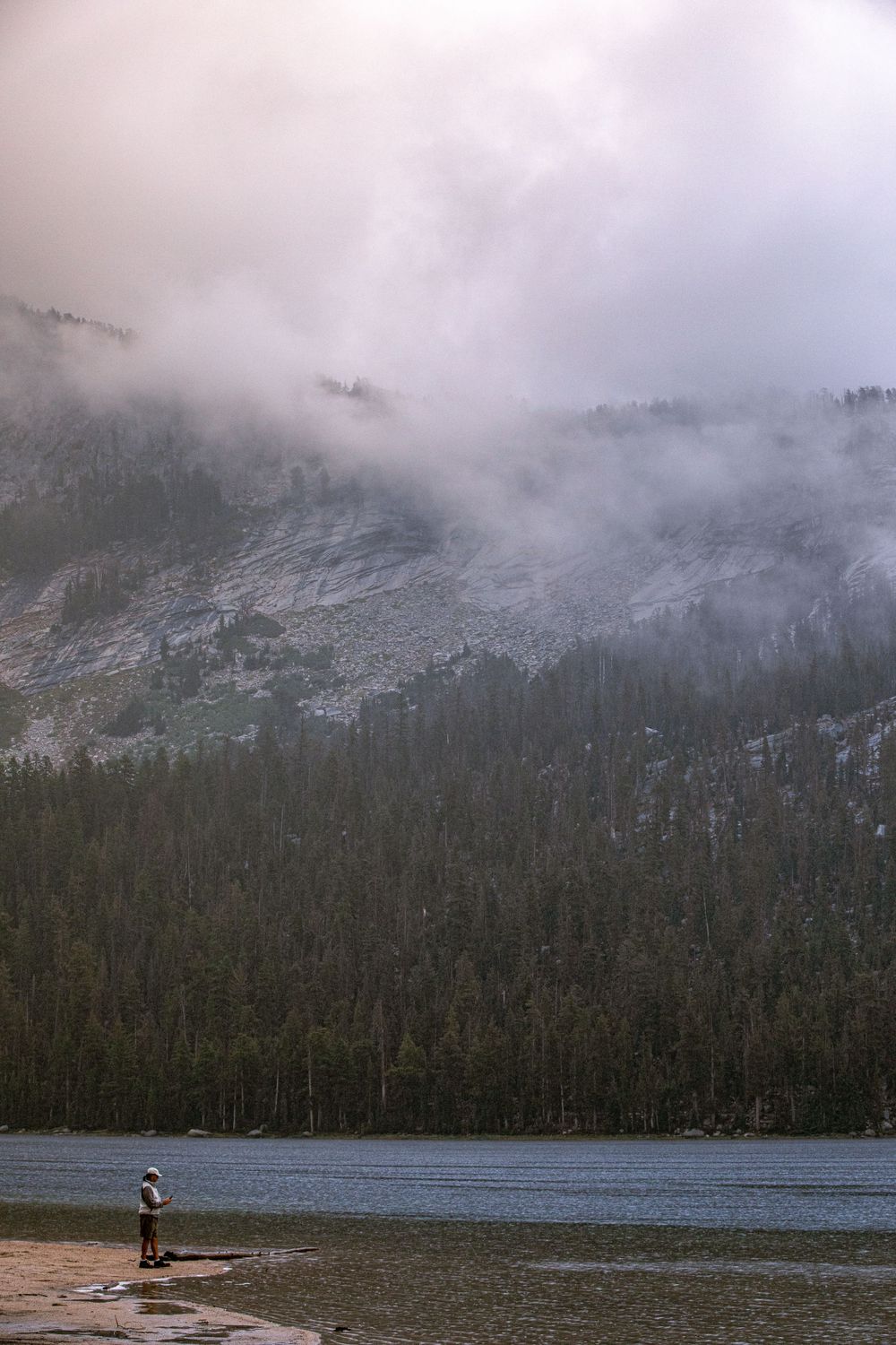 A lone figure stands by a misty mountain lake surrounded by dense pine forest and dramatic fog-covered rocky peaks.