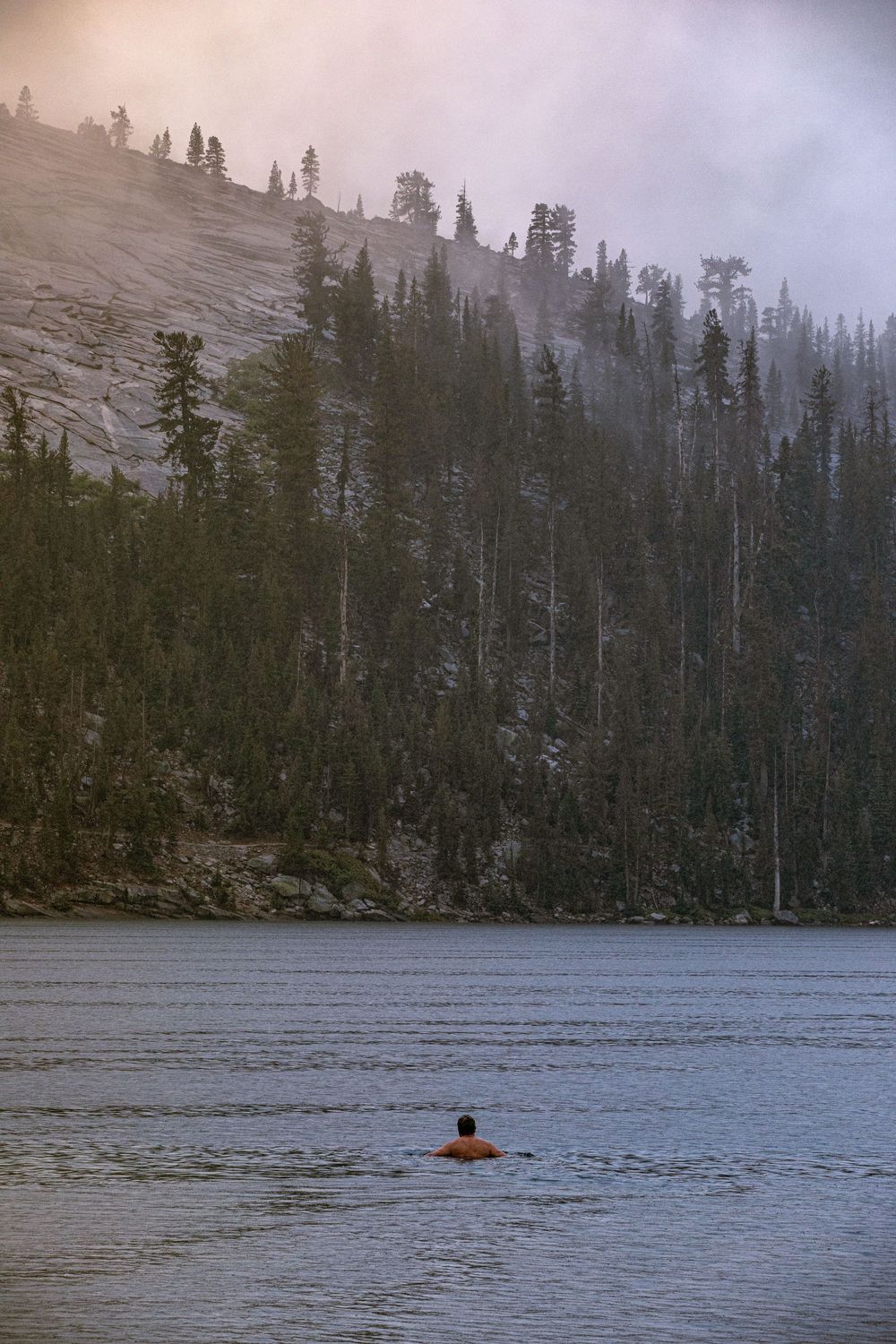 Person swimming in a misty mountain lake surrounded by dense pine forests and rocky granite slopes.