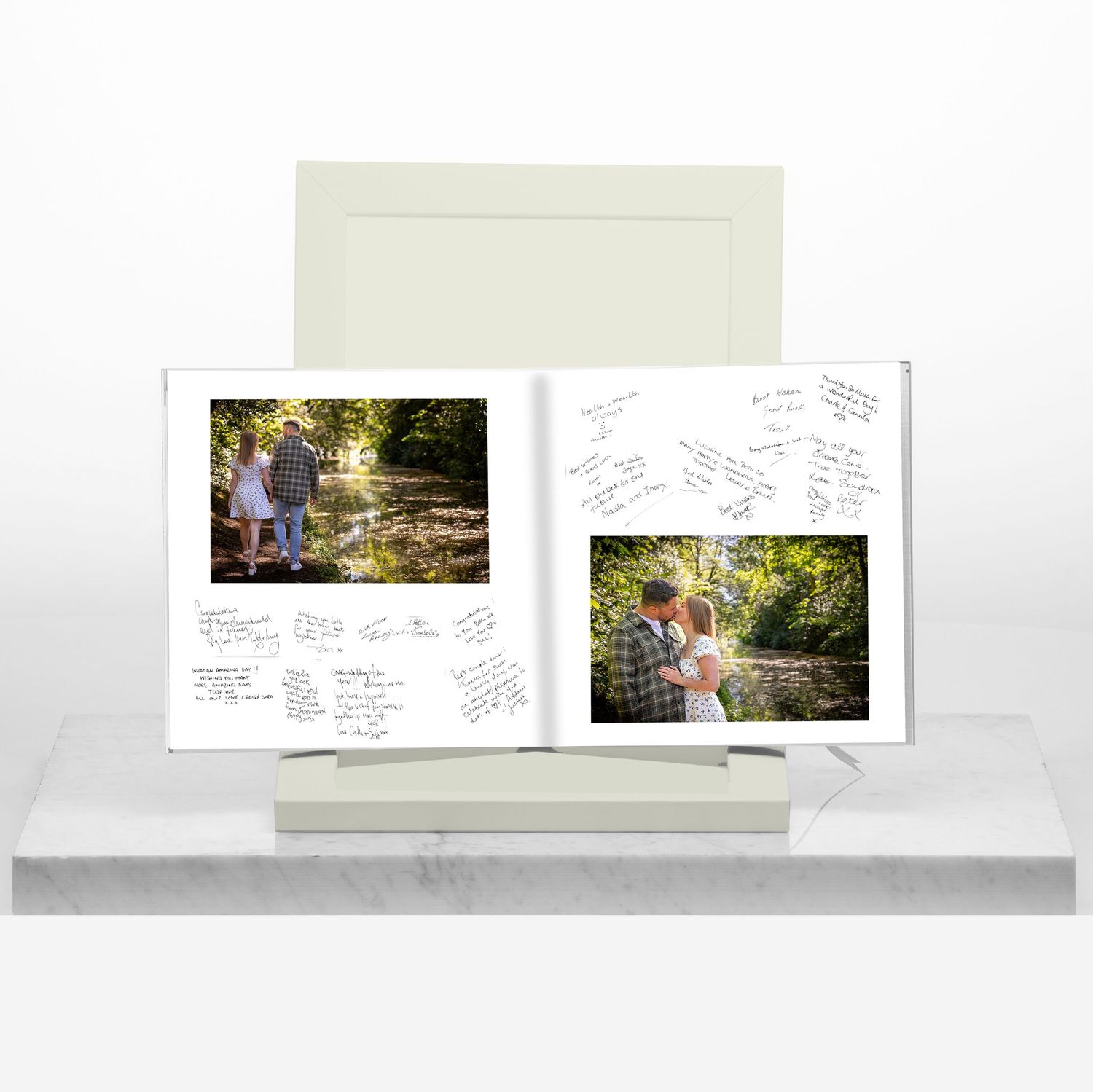 signature book for wedding guests with a landscape photo of the couple on each page for sale by Stuart Morris Photography
