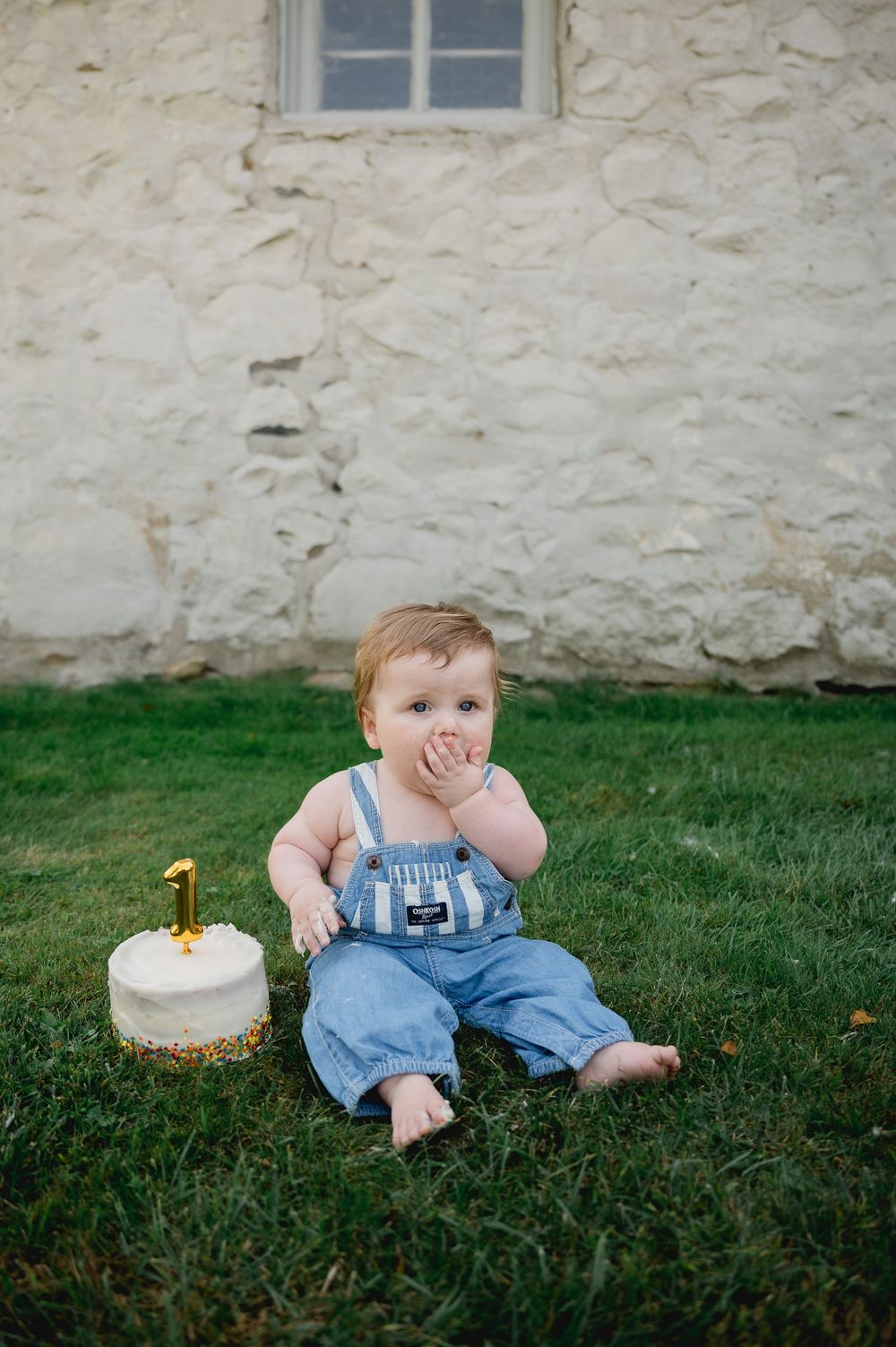 Baby boy in denim overalls sits on grass beside a smash cake with gold number 1 candle during first birthday photo session.