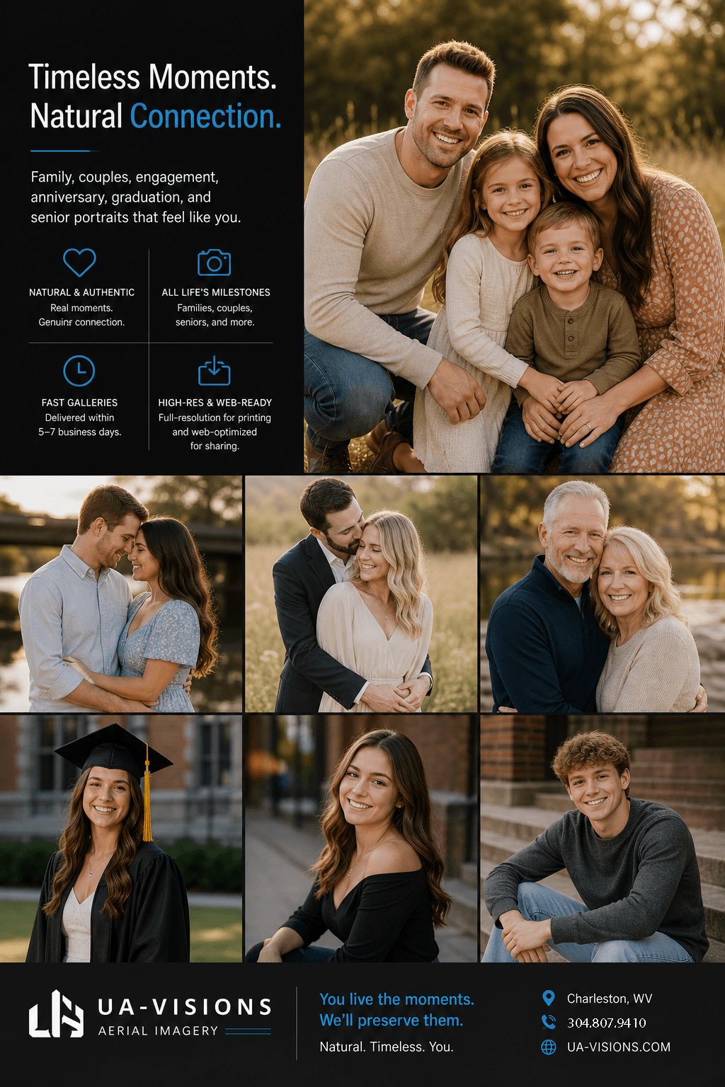 UA-Visions family portrait photography ad featuring couples, seniors, and graduation photos in Charleston, WV.