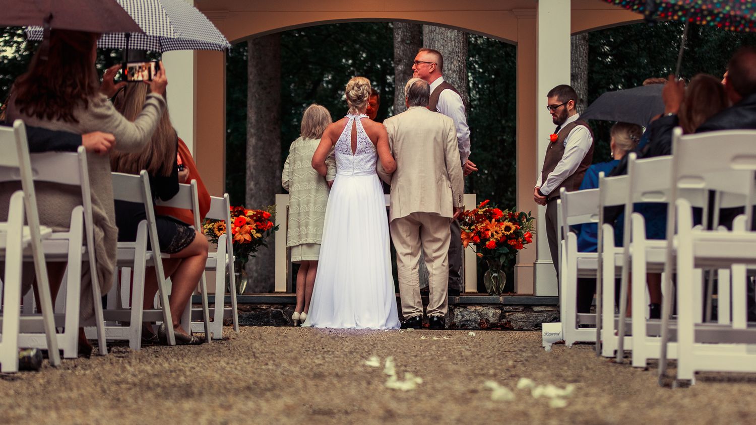 Outdoor wedding ceremony with bride and groom at the altar, surrounded by guests seated in white chairs and floral arrangements.