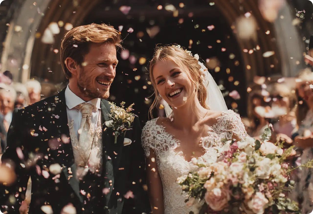 Bride in white gown walks down aisle with older woman in pink suit during indoor wedding ceremony.