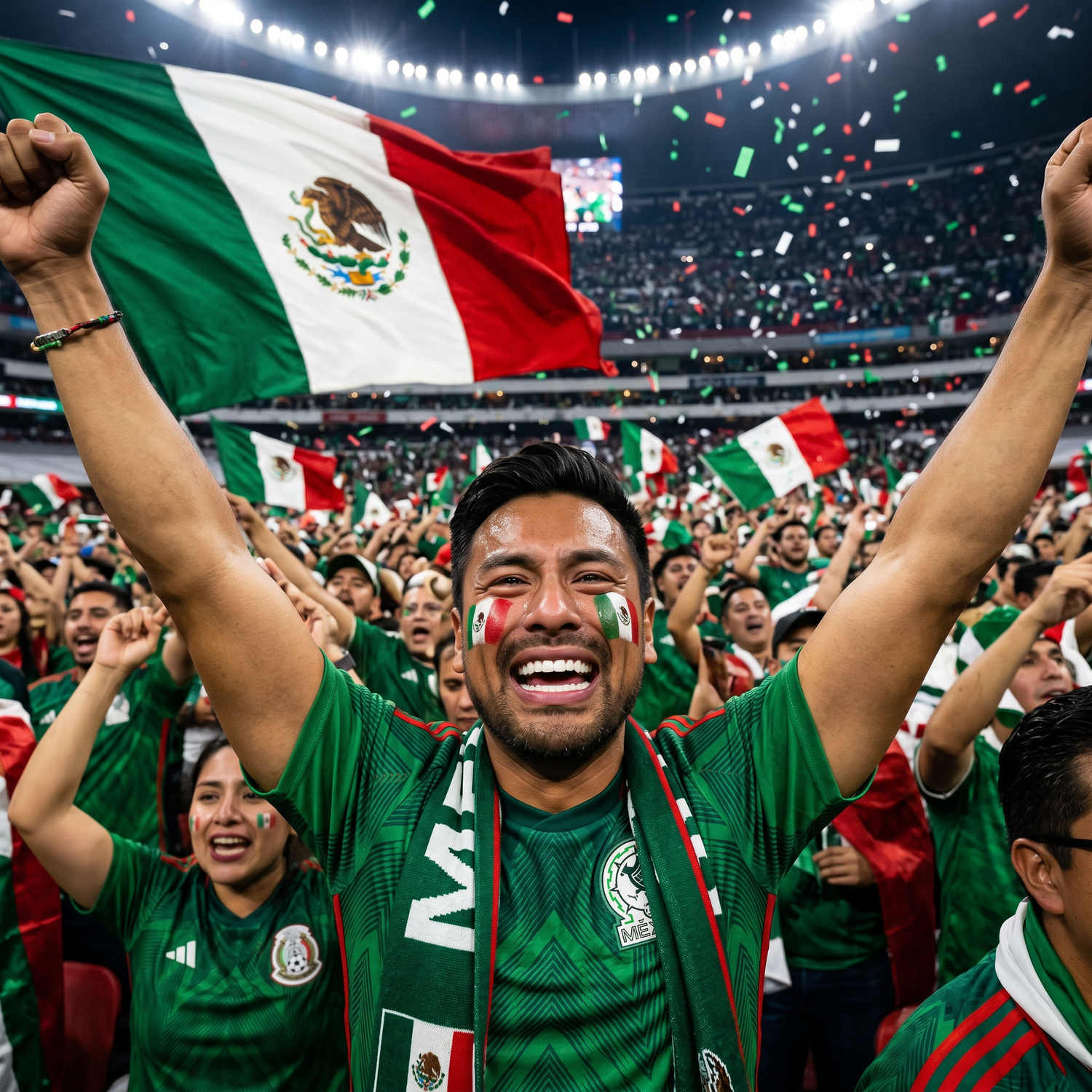 Excited Mexican soccer fan in green jersey celebrating with raised fists, holding Mexico flag in packed stadium.
