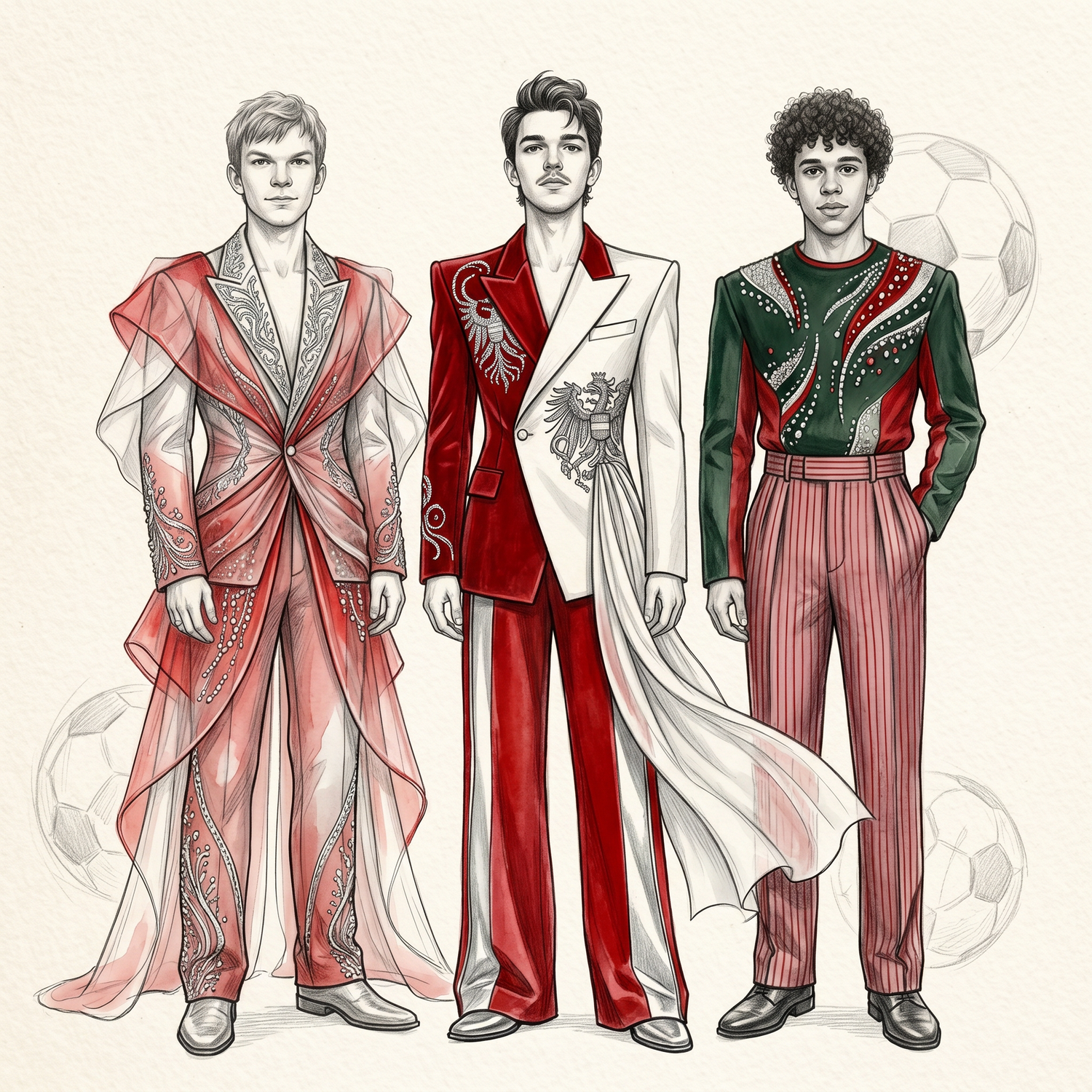 Three male fashion illustrations in red, white, and green formal outfits with soccer ball motifs in the background.