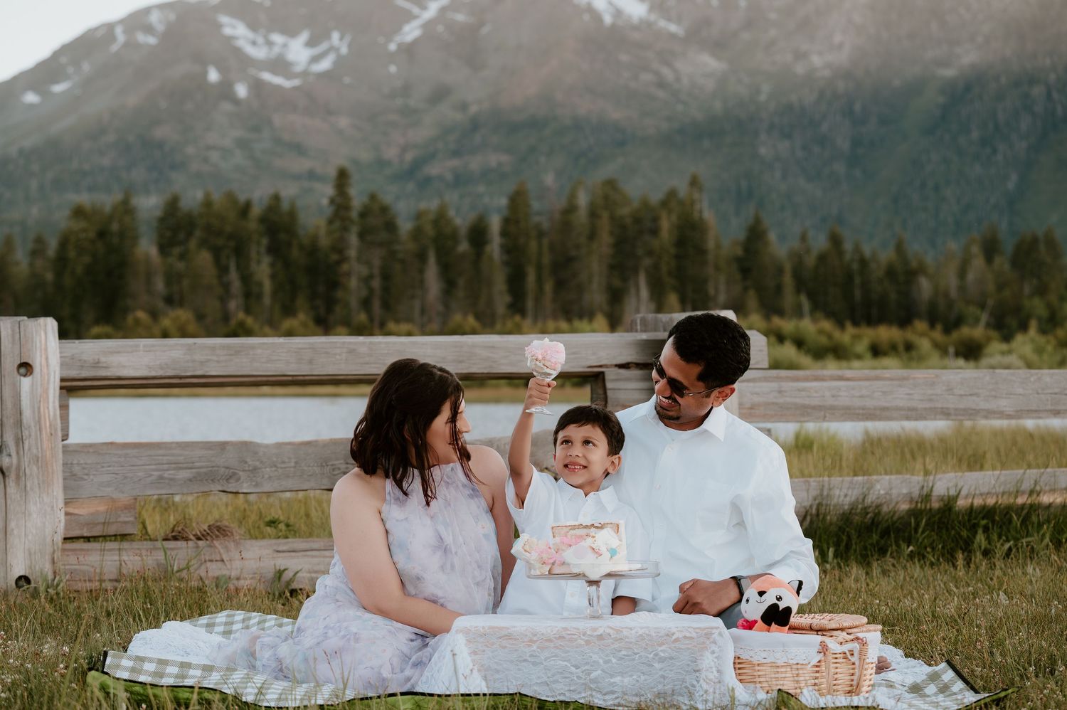 Family celebrating baby's first birthday with cake on a picnic blanket in a scenic mountain meadow.