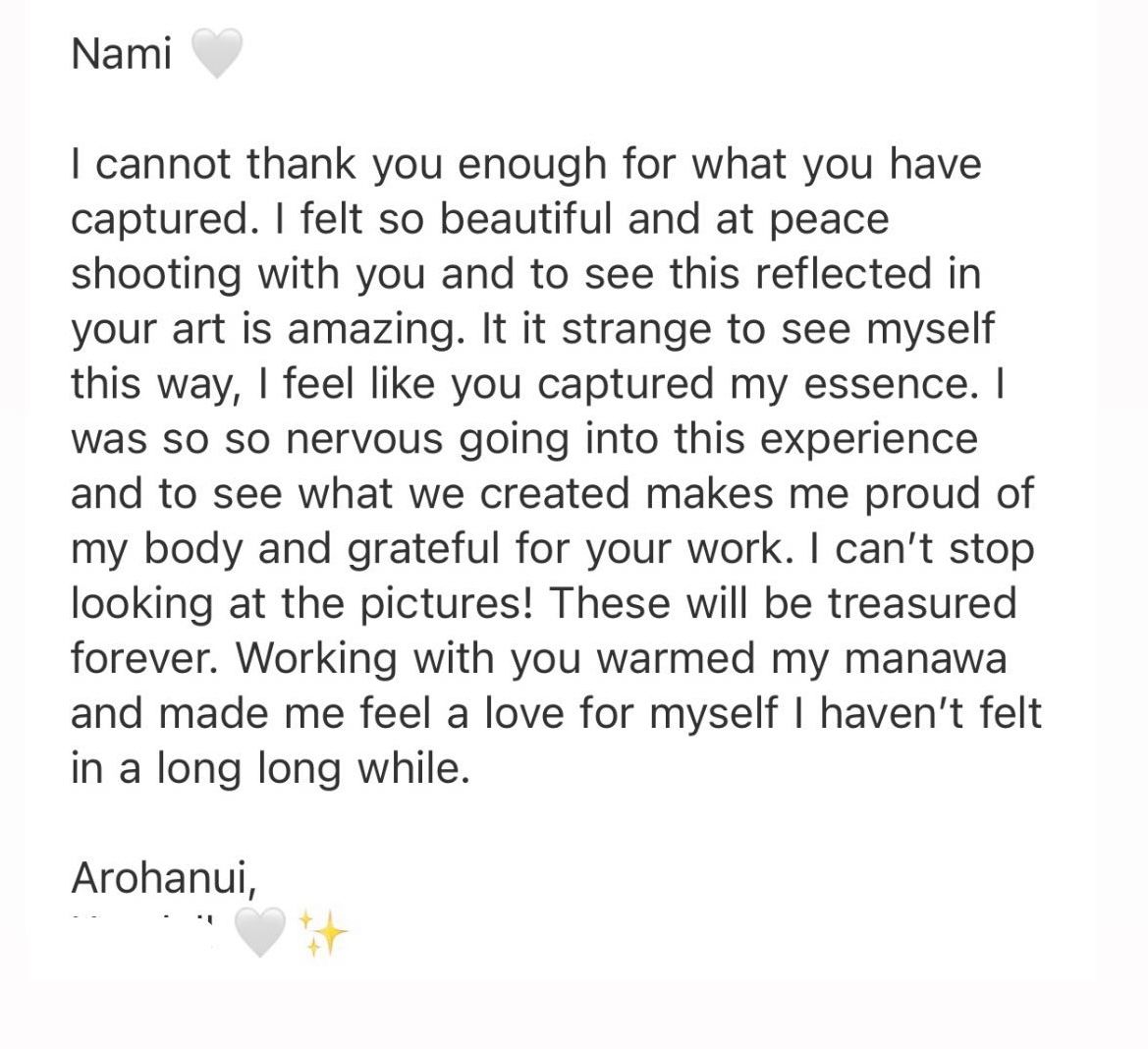 Heartfelt client testimonial praising a photographer for capturing beauty and essence in a transformative photoshoot experience.