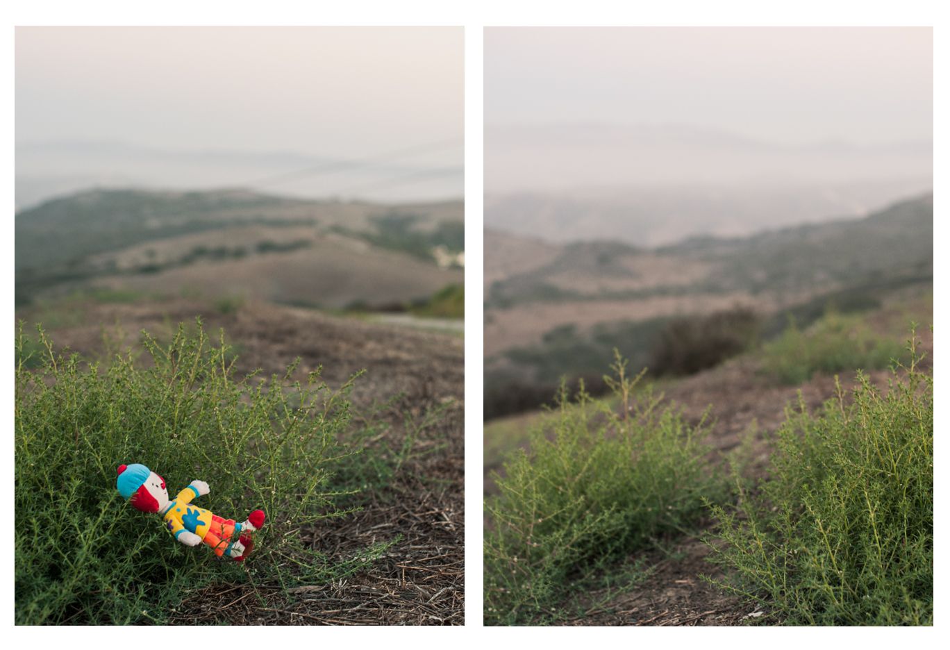 Colorful toy figure placed in green hillside landscape with misty valley views in diptych photo.