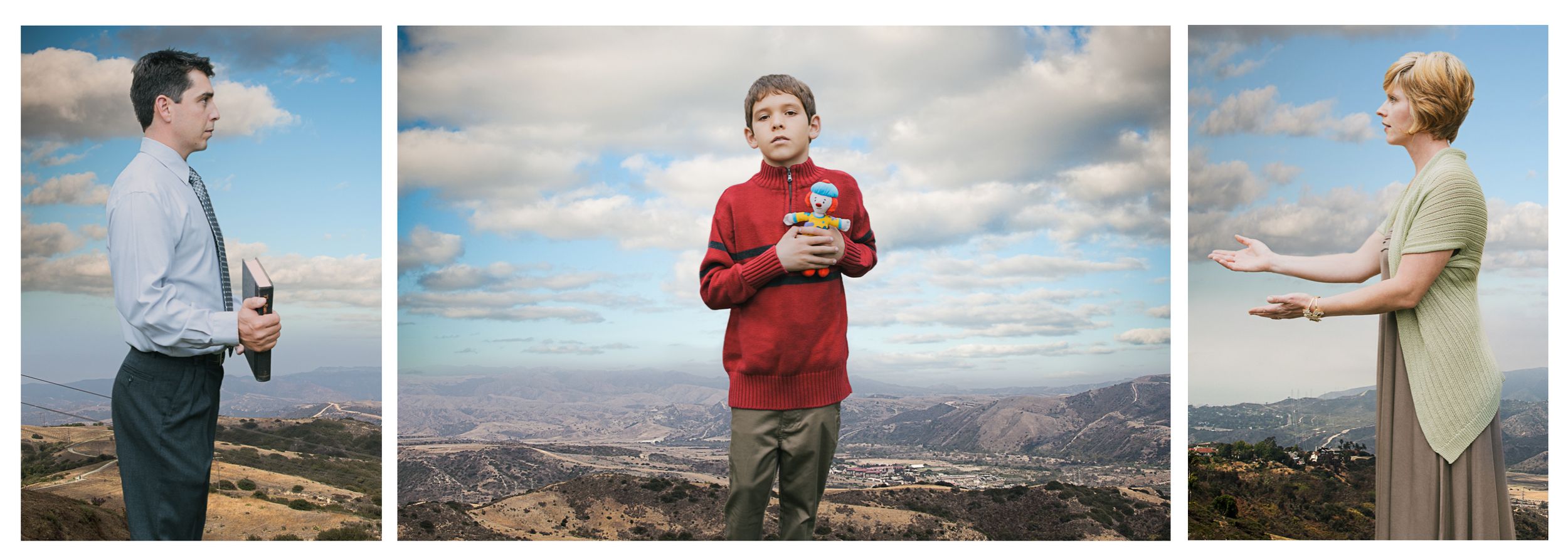 Three people standing on hilltop overlook with city panorama in triptych portrait photography.
