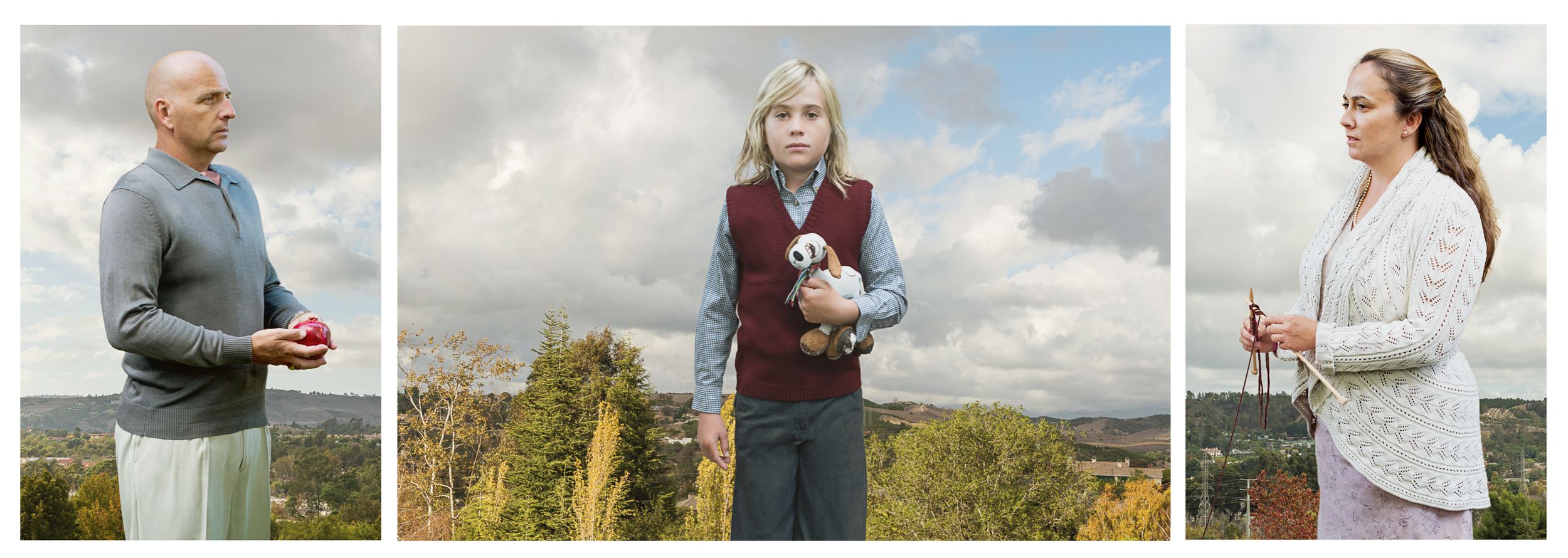 Triptych portrait of three people outdoors holding small animals against a cloudy sky.