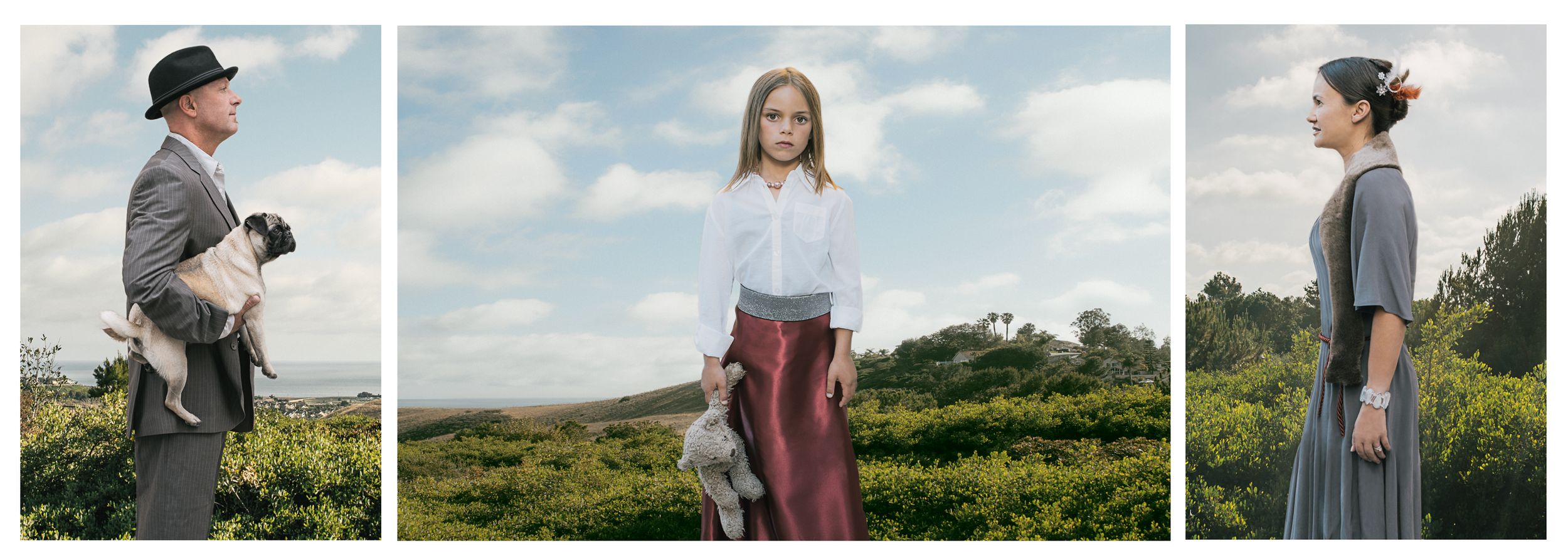 Triptych of a man, young girl, and woman standing in a green countryside landscape.