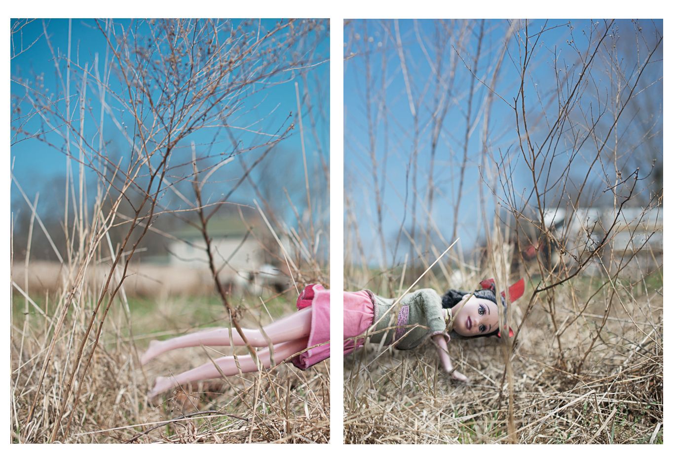 A fashion doll lying among dry winter branches in an open field under blue sky.